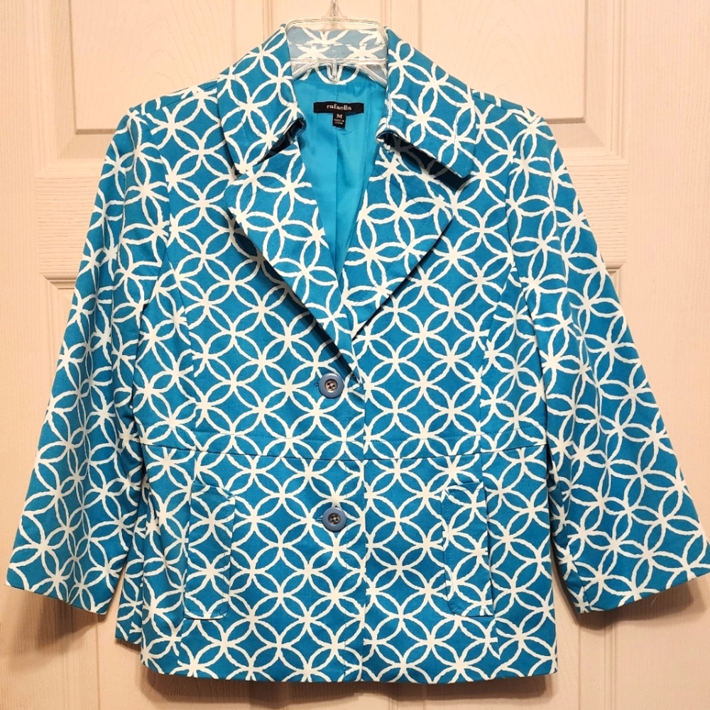 Women's medium Rafaella turquoise and white print blazer